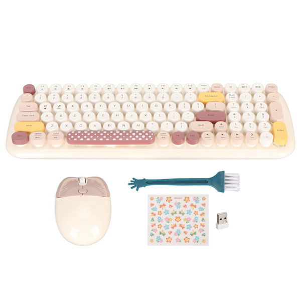 Langaton näppäimistö ja hiiri, värikäs, täysikokoinen kirjoituskoneen näppäimistö, söpö optinen hiiri Windows PC -kannettavalle tietokoneelle, beige