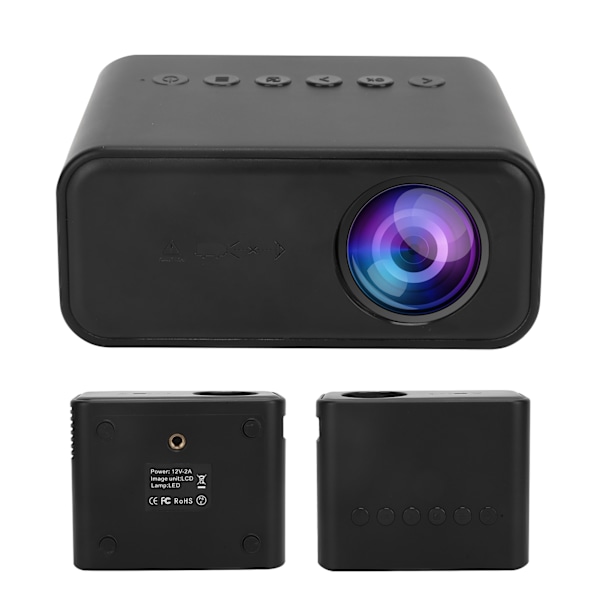YT500 Mini projektor bærbar filmprjektor med lyd og video/USB/hukommelseskort-grænseflader 100‑240V sort EU-stik