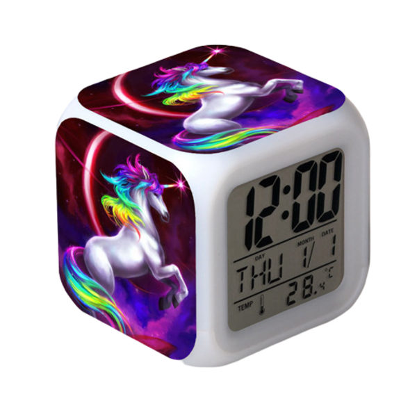 Wekity Unicorn värikäs herätyskello LED-neliökello digitaalinen herätyskello, jossa on aika, lämpötila, hälytys, päivämäärä
