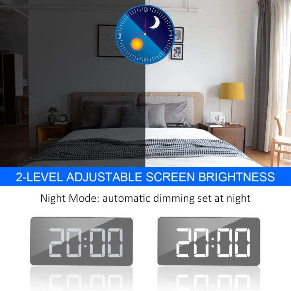 Digital vekkerklokke Stor speilet LED-klokke Snooze-funksjon Dimmemodus ved siden av klokken for soveromsinnredning - Hvit