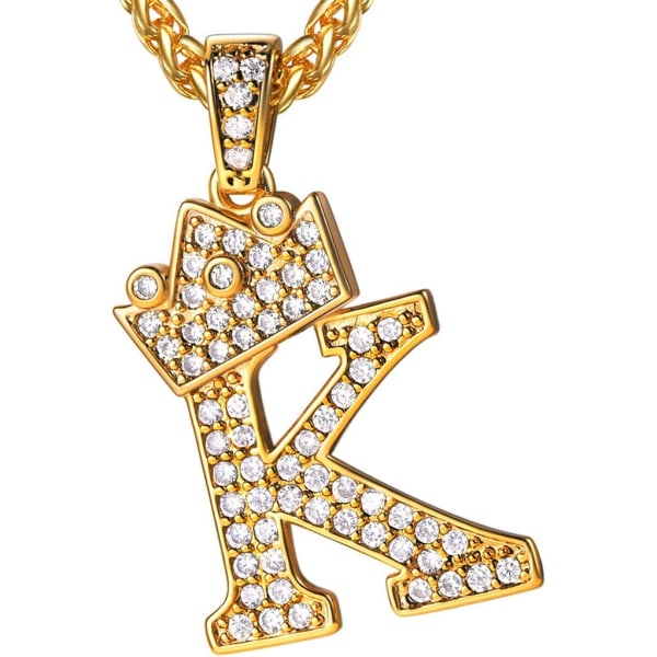 Krona Initial A-Z Halsband, Iced Out Letter Hänge med 22-24 Tums Kedja, Män Kvinnor Bling Hip Hop Alfabet Namn Smycken Present Stora Initialer Halsband K 18K Gold