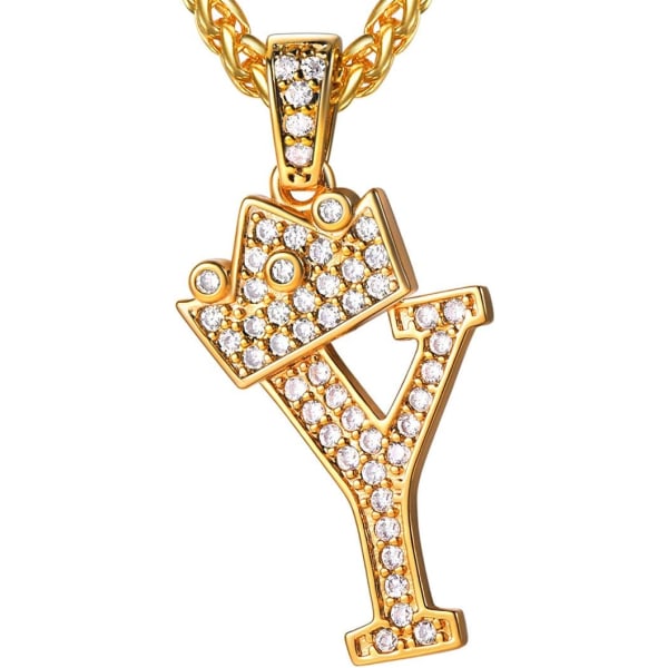 Krone Initial A-Z Halskjede, Iced Out Bokstavanheng med 22-24 Tommers Kjede, Menn Kvinner Bling Hip Hop Alfabet Navn Smykker Gave Store Initialer Halskjeder Y 18K Gold