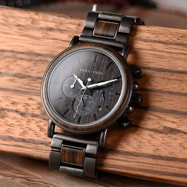 Træ Herreur Fashionable Træ og Rustfrit Stål Kombination Kronograf Militær Quartz Casual Ure