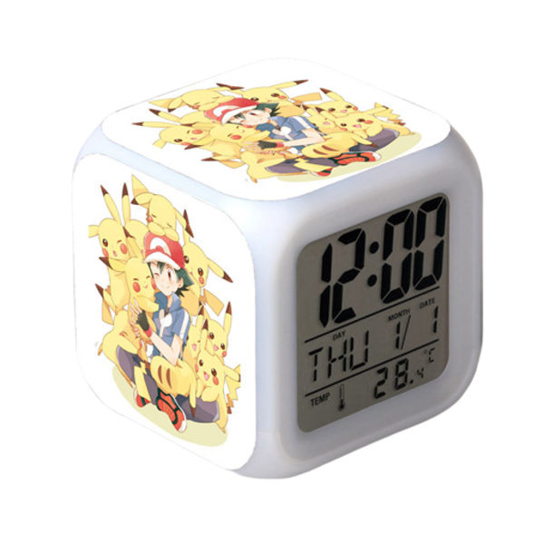 Wekity Pikachu Färgglad Väckarklocka LED Kvadratklocka Digital Växklklocka med Tid, Temperatur, Alarm, Datum