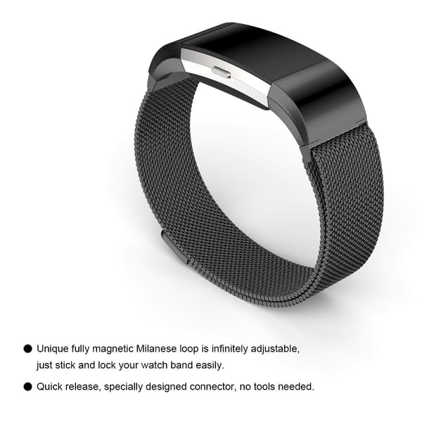 Magnetisk Milanese rustfrit stål rem armbånd erstatningsbånd til Fitbit Charge 2 Sort