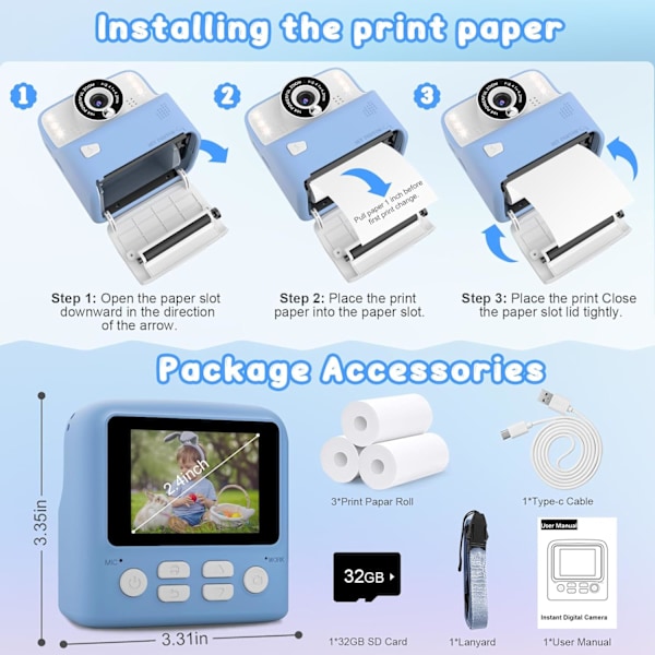 Amzelas Barnkamera Instant Print Foton Jul Födelsedagspresenter HD Digital Videokameror för Småbarn Bärbar med 32 GB-kort Blue