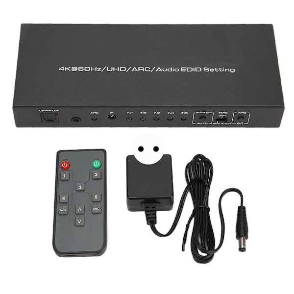 HDR HD Multimedia Interface Sound Extractor 5 Port 18Gbps Sound Extractor Switch Box with Remote Control ARC 100‑240V EU Plug