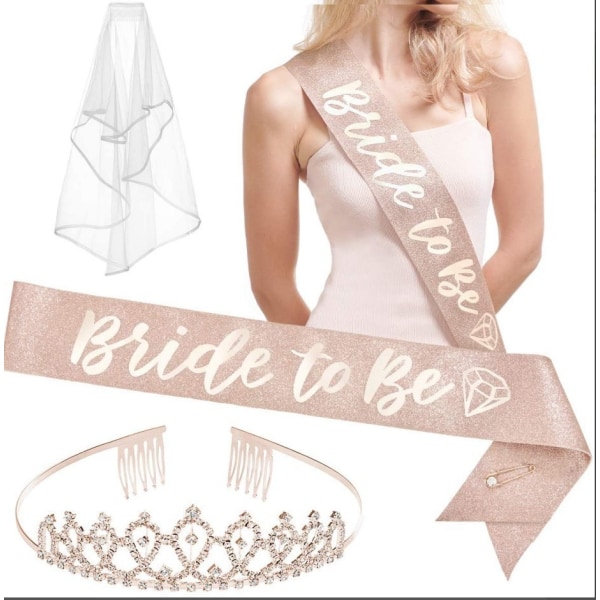 Dekorationer för möhippa - Rose Gold Glitter Kit - Brudtärnas tiara-tillbehör, brudens strasskronor, slöja + Bride Tribe-tatueringar