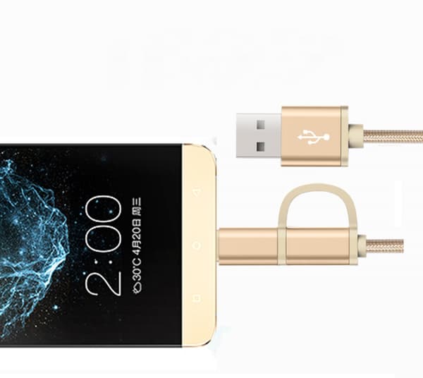 2 in 1 USB C -kaapeli 0,8 jalkaa, punottu Micro USB + USB C - USB A -pikalatauskaapeli Android-laitteille ja Type-C -laitteille