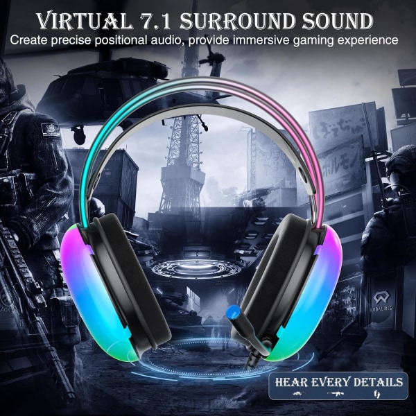 USB-spillsett for spill med mikrofon for PC, RGB-regnbuebakgrunnsbelysning, virtuell 7.1-surroundlyd, 50 mm driver, myke minneskumøreputer, kablet bærbar stasjonær datamaskin Black