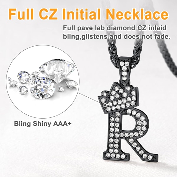 Krone Initial A-Z Halskæde, Iced Out Bogstav Vedhæng med 22-24 Tommer Kæde, Mænd Kvinder Bling Hip Hop Alfabet Navn Smykker Gave Store Initialer Halskæder R Black