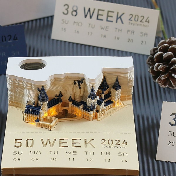 Castle 3D Memo Pad Multifunksjonell 2024 Kalender Notisblokk Praktiske Klistremerker med Lys Julegave