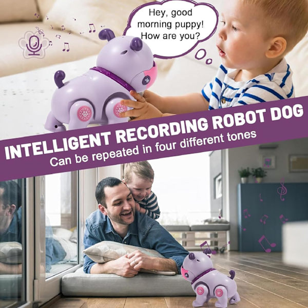 Robot Hund Husdjur Leksak för Barn Småbarn Leksaker Fjärrkontroll Robot Hund Leksak med Touch Interaktion, Inspelningsbar, Lugnande Musikläge, LED-ljus (Lila)
