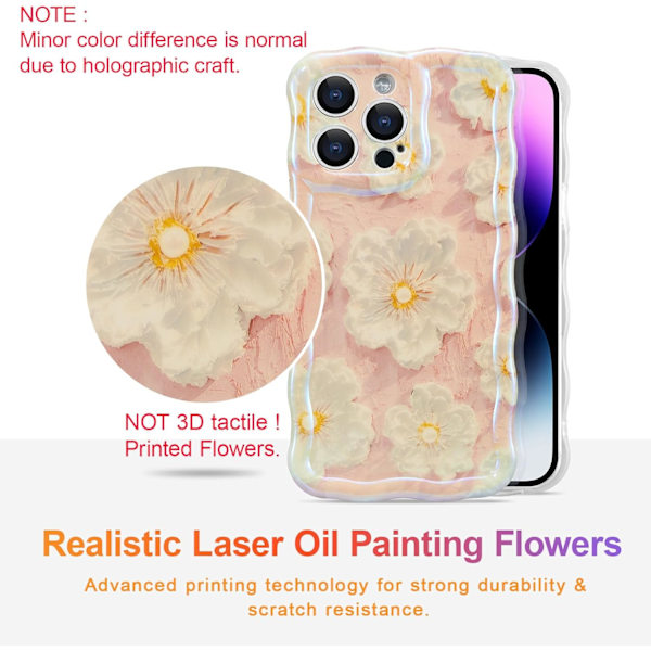 Deksel til iPhone 16promax, Fargerik Retro 0iI Maleri Trykt Blomst Laser Glanset Mønster Søt Krøllete Bølgekant Utsøkt Stilig Du Light Pink