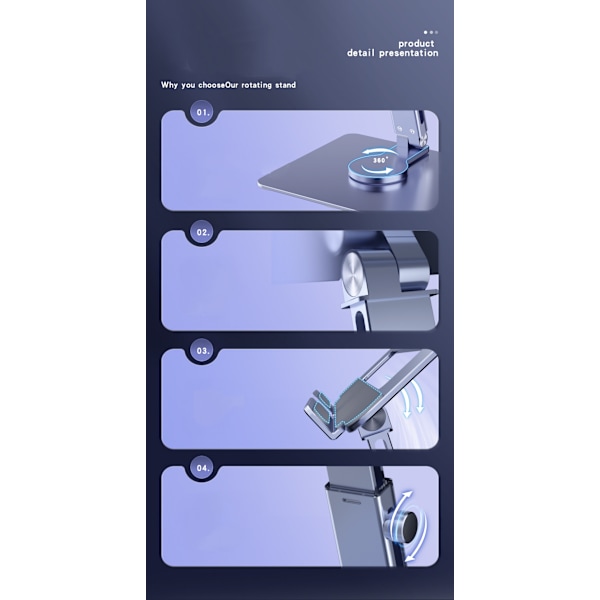 Tablet Stand med justerbar rækkevidde og højde - Aluminium Stand Desk Holder 360° drejelig justerbar base