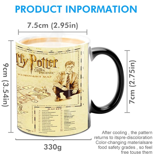 Varmefarveskiftende krus, WmanCok 11 oz magisk keramikkrus til kaffe, te, mælk, HarryPotterWoldMap-billede afsløres, når der tilsættes varm væske