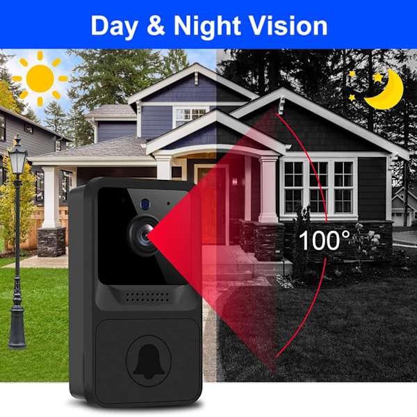 Trådløs dørklokkekamera med ringeklokke, WiFi-videodørklokke for hjem, innendørs, utendørs, overvåking, 2-veis lyd, nattsyn