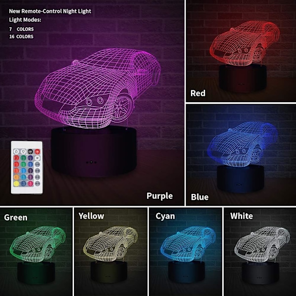 3D Natlys Beetle Bil & Sportsvogn, LED Illusion Lampe 7 Farver og 16 Farver Skiftende Bord Skrivebord Sengelamper Soveværelse Dekoration Optiske Lamper