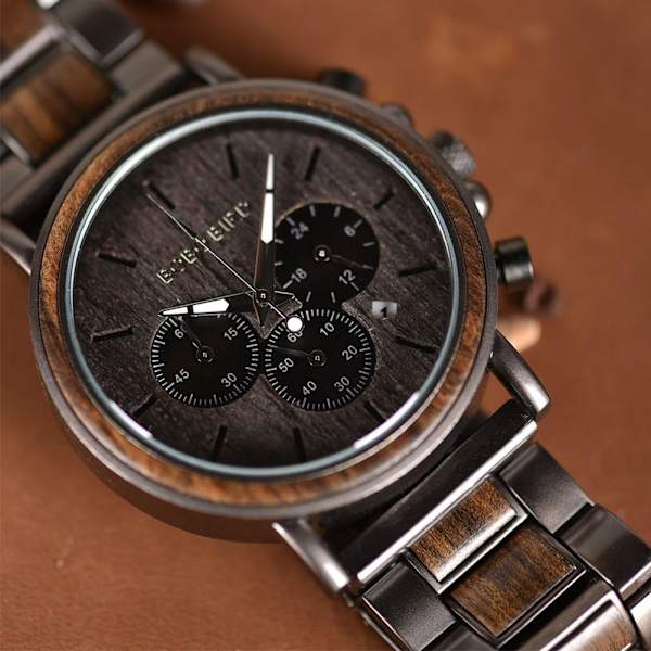 Træ Herreur Fashionable Træ og Rustfrit Stål Kombination Kronograf Militær Quartz Casual Ure