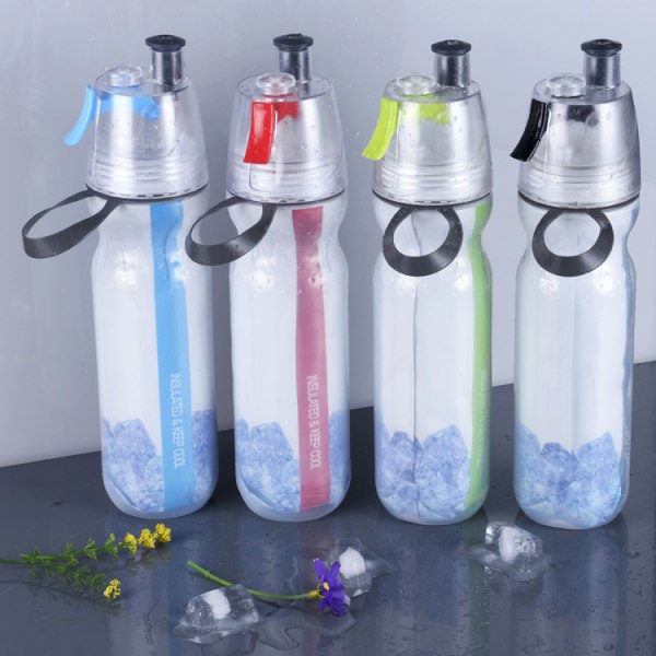 New PE double layer cooling spray water cup outdoor sports water spray bottle striped blue 500ml