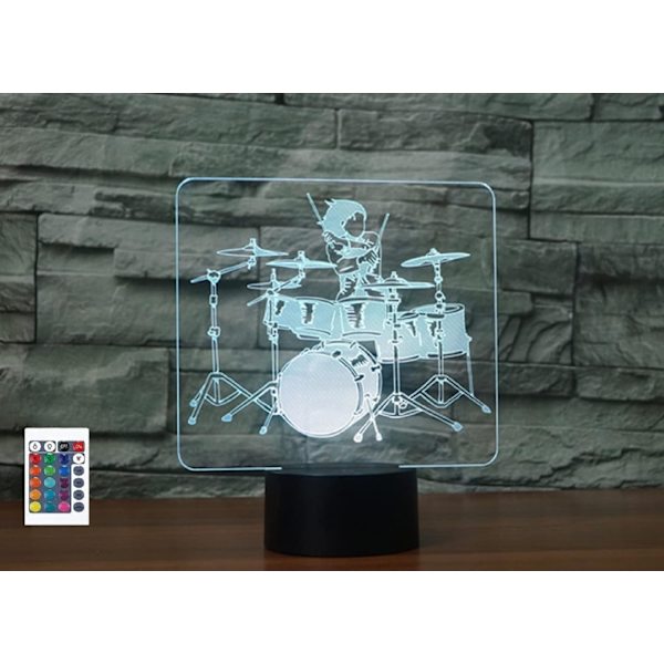 3D Trommesett Fjernkontroll 16 Farger Nattelysbilder Illusionsakryl LED Bord Nattbord Lampe Barn Soverom Skrivebord Dekor Bursdagsgaver Leke for Barn