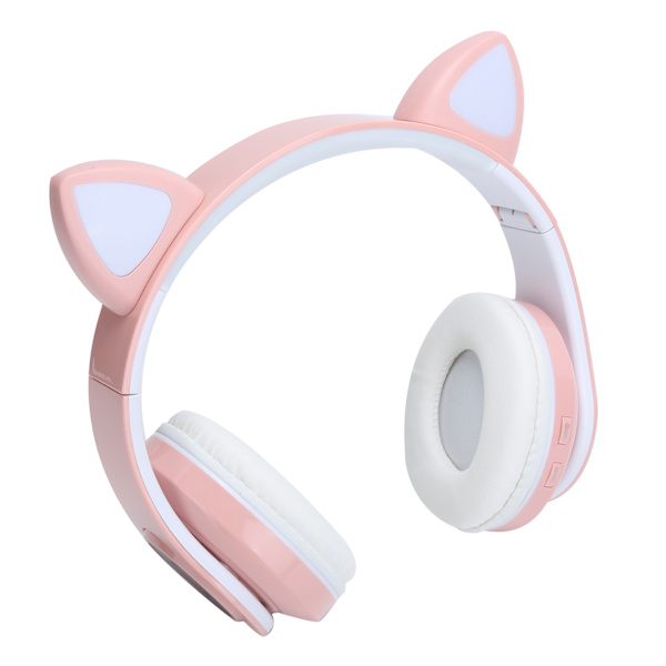 Bluetooth 5.0 Stereo Musik Hörlurar Katt Öra Belysning Söta Headset för Unga MänniskorRosa Cirkel Mönster