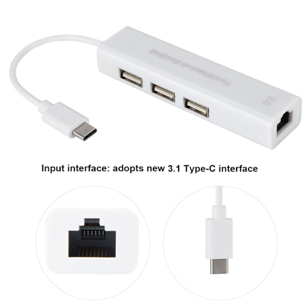 Typ-C-nätverkskabelnav Typ-C-nätverkskabelnav 100M Drivfri 2.0 HUB Nätverkskort RJ45 Vit