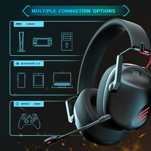 Trådløst gaming-headset til pc, PS5, PS4, Mac, Nintendo Switch, gaming-hovedtelefoner med mikrofon, Bluetooth 5.3 gaming-headset trådløst, KUN 3,5 mm Black