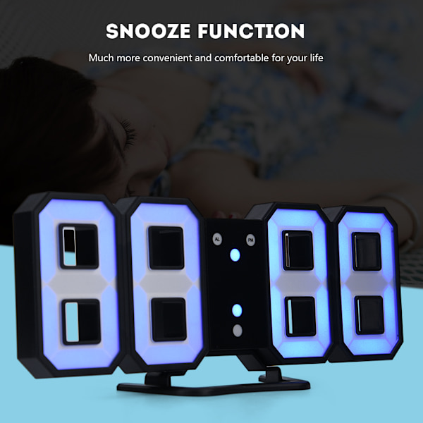 3D LED Digital Væg Alarmur med 3 Lysstyrkeniveauer Snooze-funktion 12/24H Display 3-farver