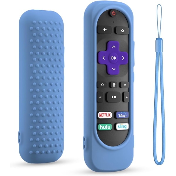 Silikonfjärrkontrollskydd för Roku TV-fjärrkontroll, silikonfodral kompatibelt med de flesta Roku-röstfjärrkontroller, stöttåligt tvättbart Roku-fjärrkontrollskydd med snöre Glow blue