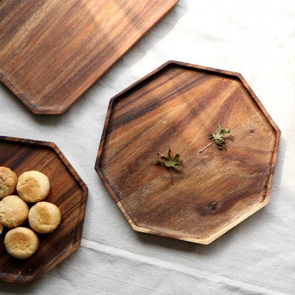 Set med 2 serveringsfat av akaciaträ, serveringsbricka i åttakantig fyrkant, serveringsbricka för bröd, charkuteribricka för fruktsallad, ostbricka, grönsaksfat Acacia Wood
