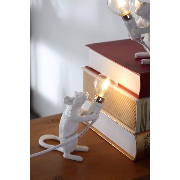 Moderne muselampe i harpiks, bordlampe, kreativ skrivebordslampe, nattbordslampe, gavedekorasjon, LED-soverom, arbeidsrom (stående) hvit