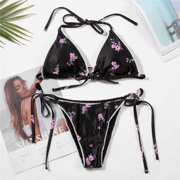 Bikinis Badkläder Set för Kvinnor Badkläder Triangel Baddräkt Tie String Trosa Black L