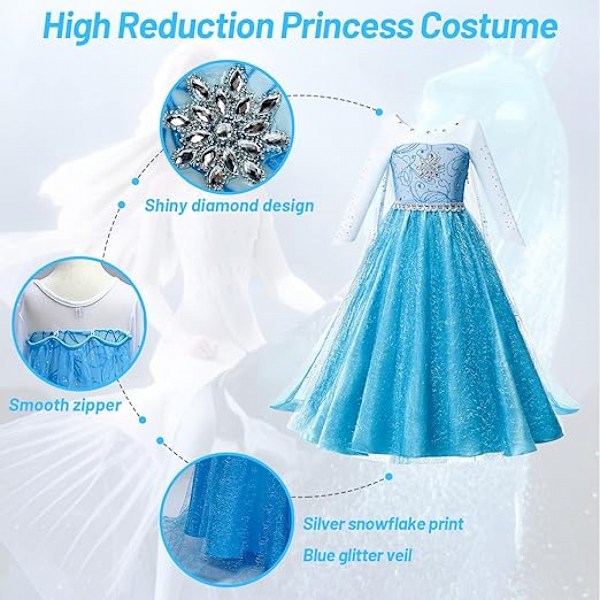 Elsa prinsessklänning med accessoarer för utklädningskläder födelsedagsfest cosplay jul halloween|(130CM)