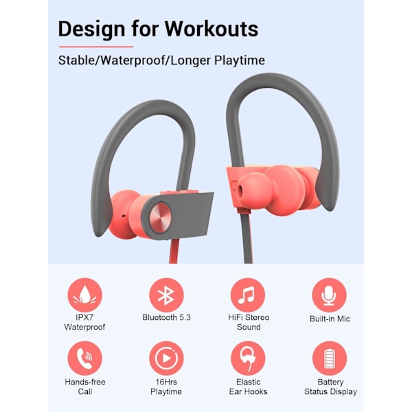 Bluetooth-hovedtelefoner, trådløse sports-øretelefoner IPX7 vandtætte med mikrofon, stereo-svedsikre in-ear-hovedtelefoner, støjreducerende headset til fitnessløb PinkGrey