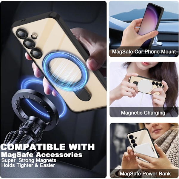 Samsung Galaxy S25 6.2 Skal med Magnetisk Ringstativ [Kompatibel med Mag-Safe] [Fullständigt Kameralinsskydd] Pläterad Klar Telefonfodral Black
