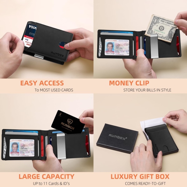 Slim plånböcker för män - Läderpengaclip Herrplånbok - RFID-blockerande fickplånbok - Minimalistisk kreditkortshållare med presentförpackning Bicolor Crazy Horse Black