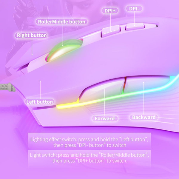 RGB Spelmus Trådbunden, USB Optisk Datormus med RGB Bakgrundsbelysning, 6 Justerbara DPI Upp till 6400, med 7 Programmerbara Knappar Lilac