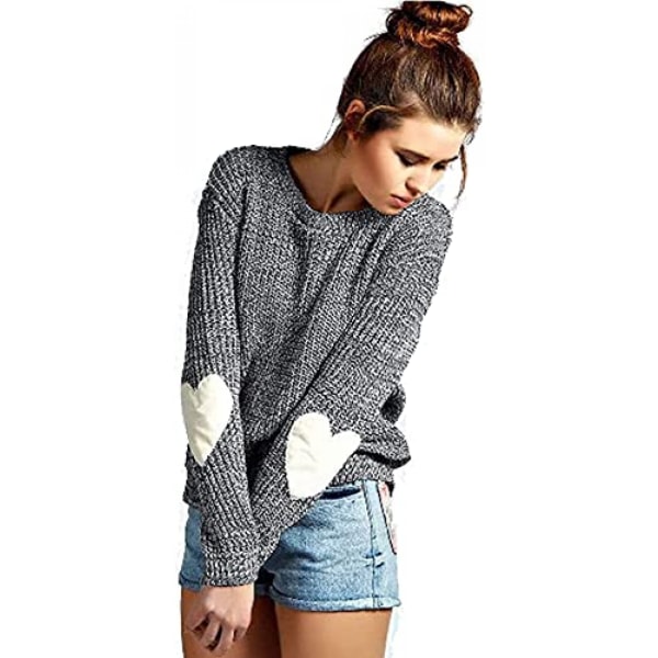 Dam tröja med söta hjärtan på armbågarna, casual crew neck stickad tröja, mjuk, bekväm och hudvänlig. (Endast handtvätt)