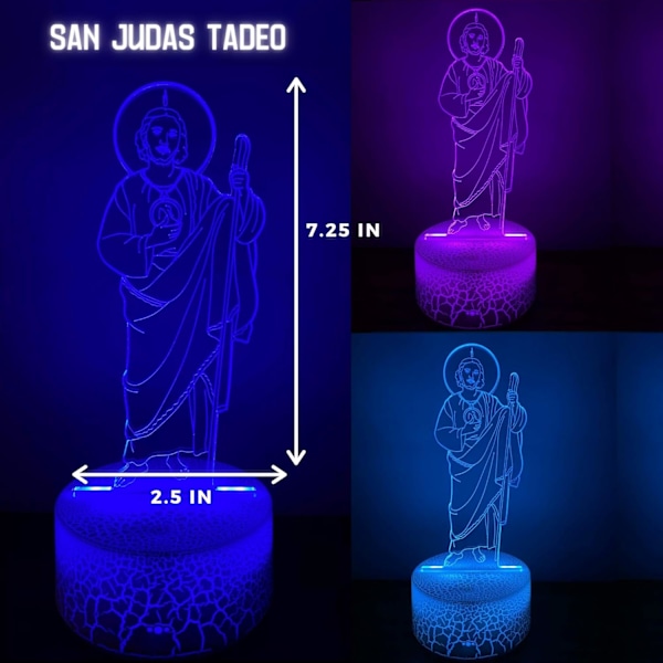 3D LED nattlys San Judas Jesus Malverde Jesus Kristus Sprengt base 7 farger USB-kabel Batteri berøringsschalter Best for gaver, jul, altere (Jesus