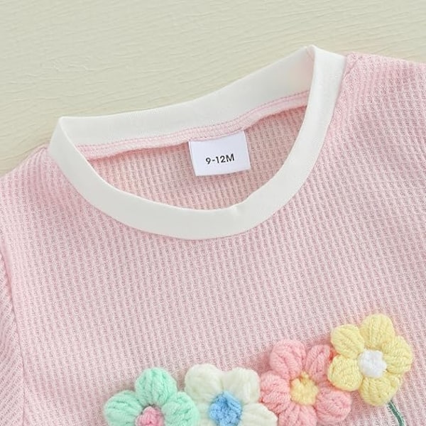 Taaperotyttöjen kesävaatteet vohvelikankaasta, 3D-kukkakoristeiset lyhythihaiset topit, joustavat vyötäröiset shortsit, söpöt vauvan asut pink 12-18M