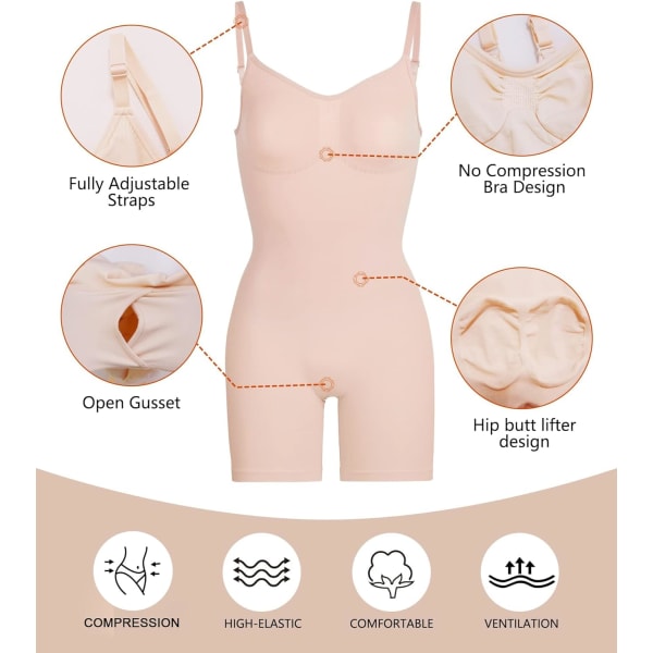 Kvinners Shapewear Body Suit Tummy Control Body Shaper Sømløs Skulptur Snatched Waist Body Suit Beige Mid Thigh XL