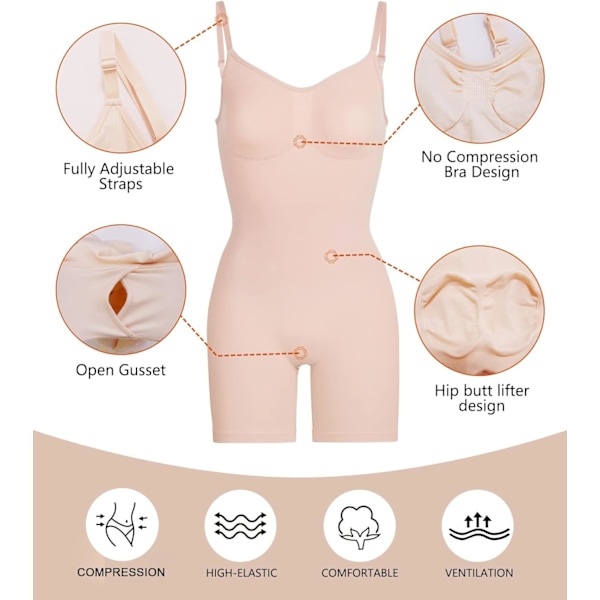 Kvinnors Shapewear Bodysuit Tummy Control Body Shaper Seamless Sculpting Snatched Waist Body Suit Beige Mid Thigh XL