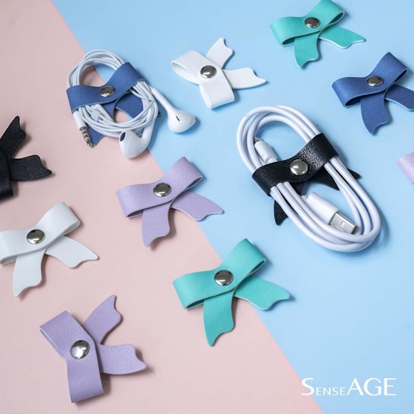 SenseAGE 5-pack Kabelorganiserare, Sladdhållare med rosett, Kabelorganiserare USB-hållare, Kabelhantering i läder, Kabelband, Hörlursvinda Random Blue