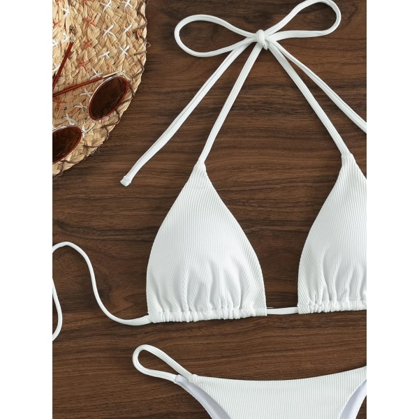 WJSM Kvinners Halterneck Tie Side Triangle Bikini Set Høy Cut 2 Delers Bikini Badedrakt Ribbed White L