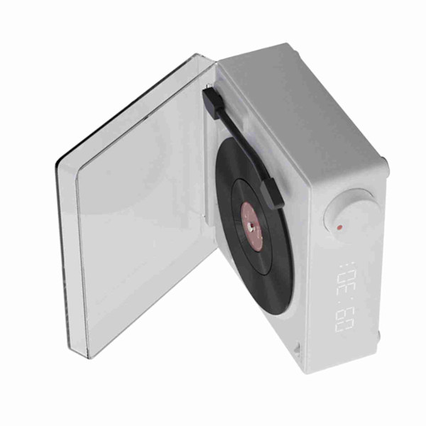 Roterende Vinylplade Vækkeur Højttaler Retro 360 Graders Stereo Trådløs Ur Bluetooth Højttaler til Hjem Soveværelse Kontor Hvid