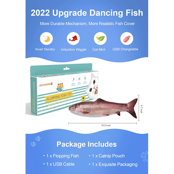 Flopping fisk 10,5\", opgraderet til 2022, bevægeligt kattelegetøj, floppy fisk dyre legetøj til små hunde, wiggle fisk catnip legetøj, bevægelse, regnbueørred