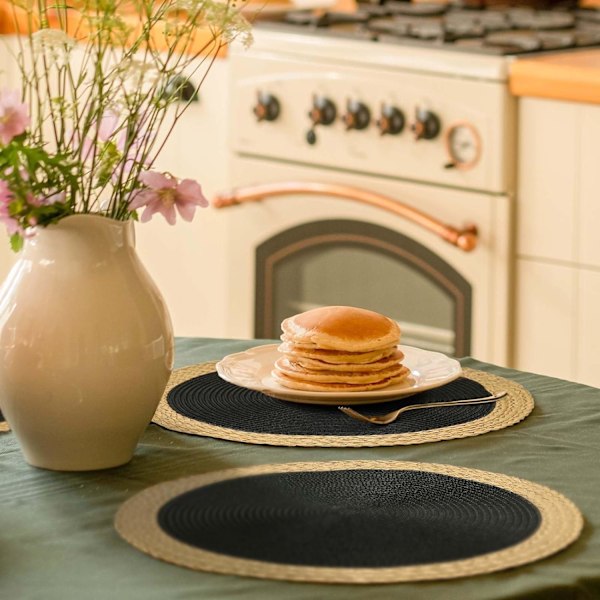 Pyöreät punotut tabletit, 6 kpl, pöytätabletit, 38 cm, pestävät, lämmönkestävät ruokapöydälle, liukumattomat sisä- ja ulkokäyttöön (B black