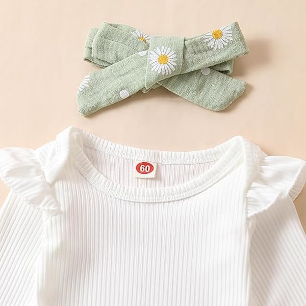Nyfödd Spädbarn Flickkläder Ribbstickad Romper Tusenskönatryck Byxor Hårband Babykläder för Flickor green 70CM
