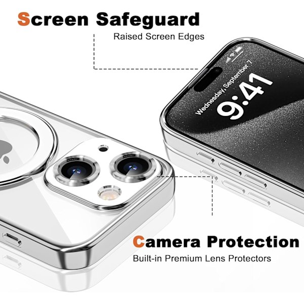 iPhone 14 Skal med Osynlig Magnetisk Ringstativ [Kompatibelt med Mag-Safe] [Fullständigt Kameralinsskydd] Pläterad Klar för iPhone Silver